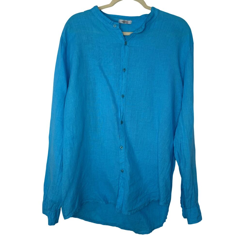 Moda Italia 100% Linen Turquoise Button Front Shirt XL Made in Italy Bright